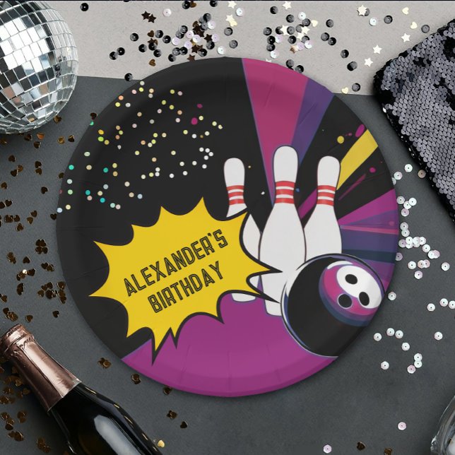 Prato De Papel Festa de aniversário Retro Boliche Rosa Púrpura (Criador carregado)