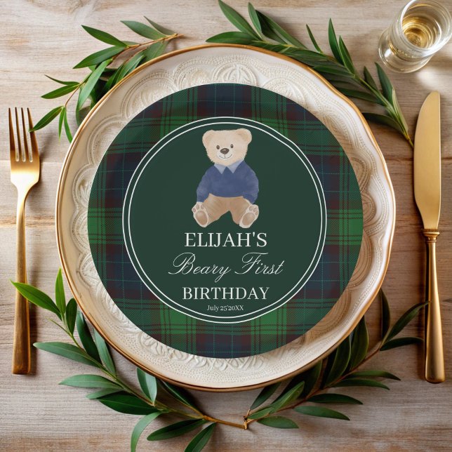 Prato De Papel Festa de aniversário verde de xadrez do primeiro u (Beary first birthday teddy bear green plaid birthday printed party paper plates personalized decor)