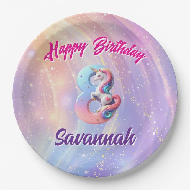 Prato De Papel Festa de aniversário Whimsical Pastel Unicorn 8 (Frente)