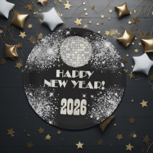 Festa de Ano Novo 2026 Preto com Brilho Prateado