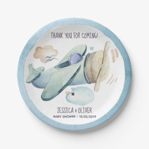 Prato De Papel Festa de Avião de Aquarela Azul