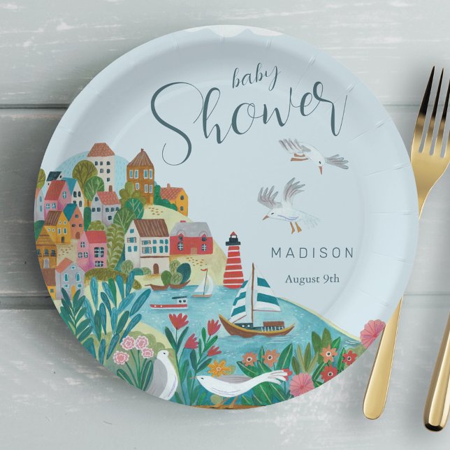 Prato De Papel Festa de baby shower de menino à beira-mar (Coastal boy baby shower party paper plates)