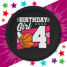 Prato De Papel Festa de basquete de 4 anos Garota de aniversário 