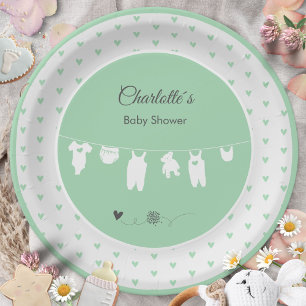 Prato De Papel Festa de Bebê Neutro Boho Corações Verde Menta
