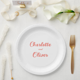 Prato De Papel Festa de Casamento com Letra Moderna em Rosa Coral
