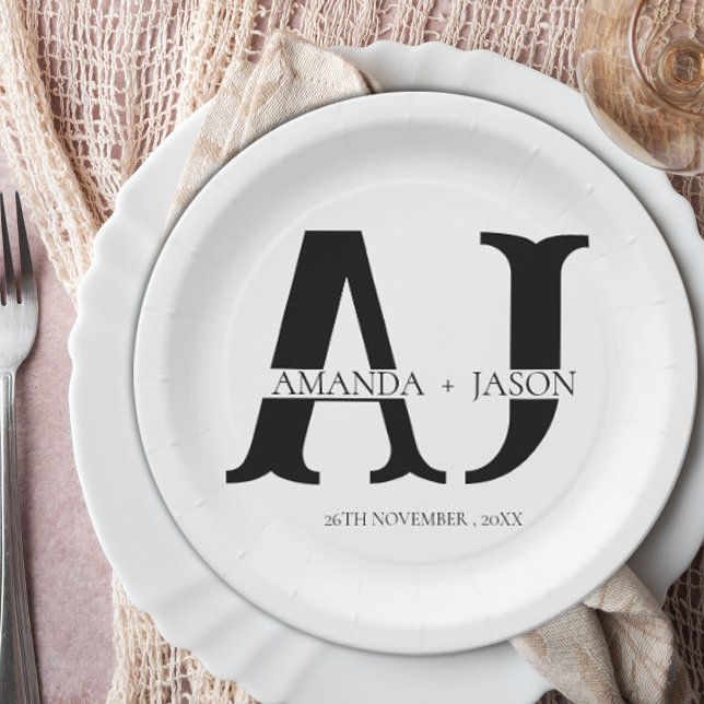 Prato De Papel Festa de casamento de Nomes de Grupo de Noivas do  (Elegant Monogram Bride Groom Names Wedding Party Paper Plates)