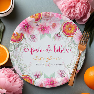 Prato De Papel Festa de Chá de Bebê Espanhol com Citros e Flores