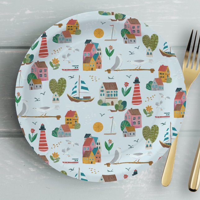 Prato De Papel Festa de chá de bebê menino com padrão azul claro  (Nautical boy baby shower party paper plates)