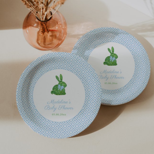 Prato De Papel Festa de Chá de fraldas de Bunny Boy Blue/White (Preppy blue and white boxwood bunny baby boy shower or boy 1st birthday baptism party paper plates)
