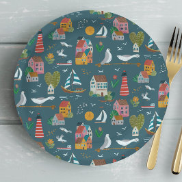 Prato De Papel Festa de chá de fraldas de menino do padrão azul c