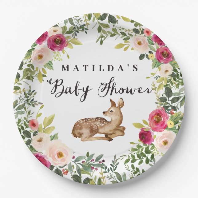 Prato De Papel Festa de chá de fraldas de veados florais de aquar (Frente)