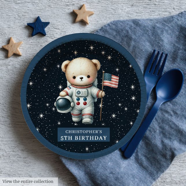 Prato De Papel Festa de Chá do Astronauta do Bebê-Bebê (Cute Teddy Bear Astronaut Baby Boy Shower Party Paper Plates)