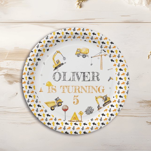 Prato De Papel Festa de Construção de Caminhão de Menino, Cinza A (Criador carregado)