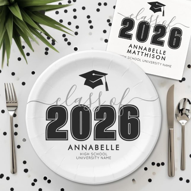 Prato De Papel Festa de Formatura (Graduate Black White Graduation Party Paper Plates)