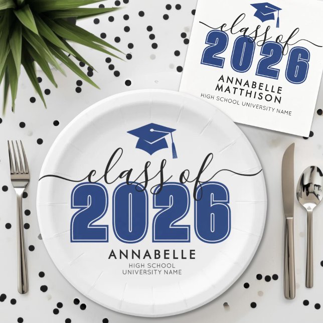 Prato De Papel Festa de Formatura Azul (Graduate Class Of 2026 Blue Graduation Party Paper Plates )