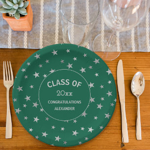 Prato De Papel Festa de formatura de estrelas verdes e prateadas