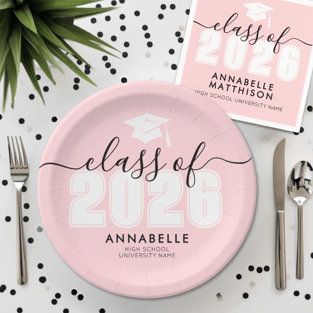 Prato De Papel Festa de formatura rosa formando (Graduate Pink Graduation Party Paper Plates)