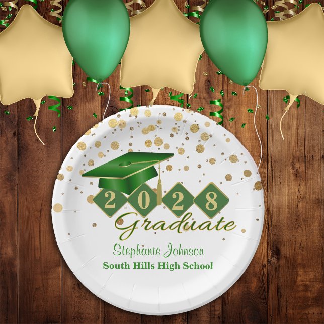 Prato De Papel Festa de formatura verde e Dourado 20XX (Graduation Party Green & Gold  Paper Plates)