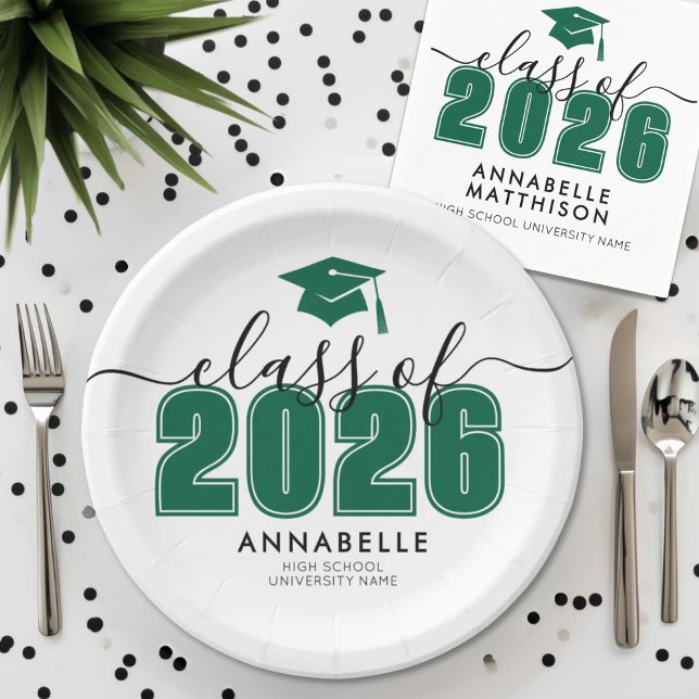 Prato De Papel Festa de formatura Verde Simples do formando (Graduate Simple Green Graduation Party Paper Plates)