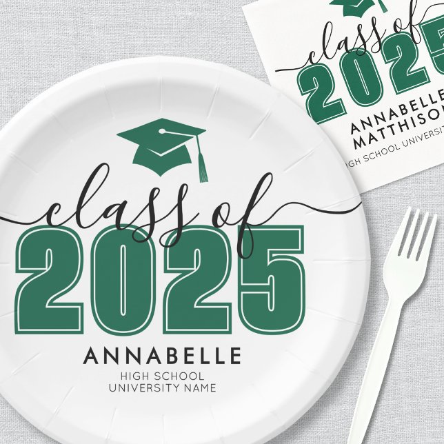 Prato De Papel Festa de formatura Verde Simples do formando (Graduate Simple Green Graduation Party Paper Plates)