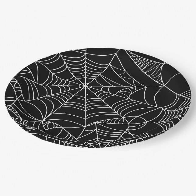 Prato De Papel Festa de Halloween Black & White Spiderwebs (Inclinado)