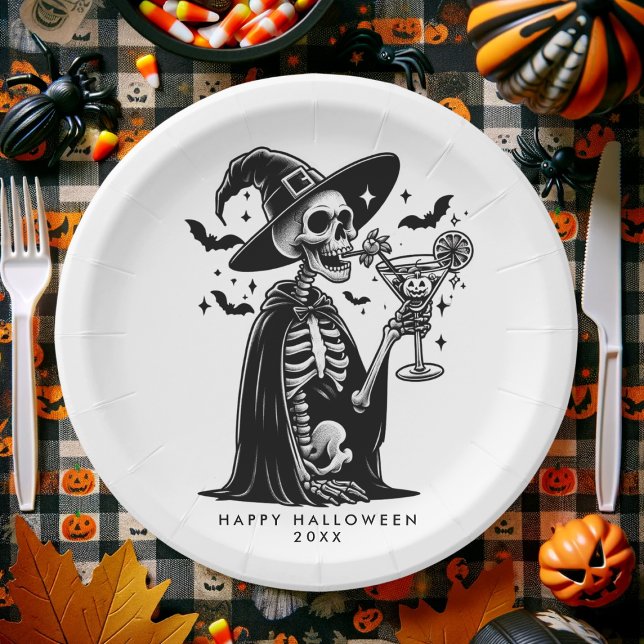 Prato De Papel Festa de Halloween de Esqueleto Negro e Branco (Black and White Skeleton Halloween Party Paper Plates)