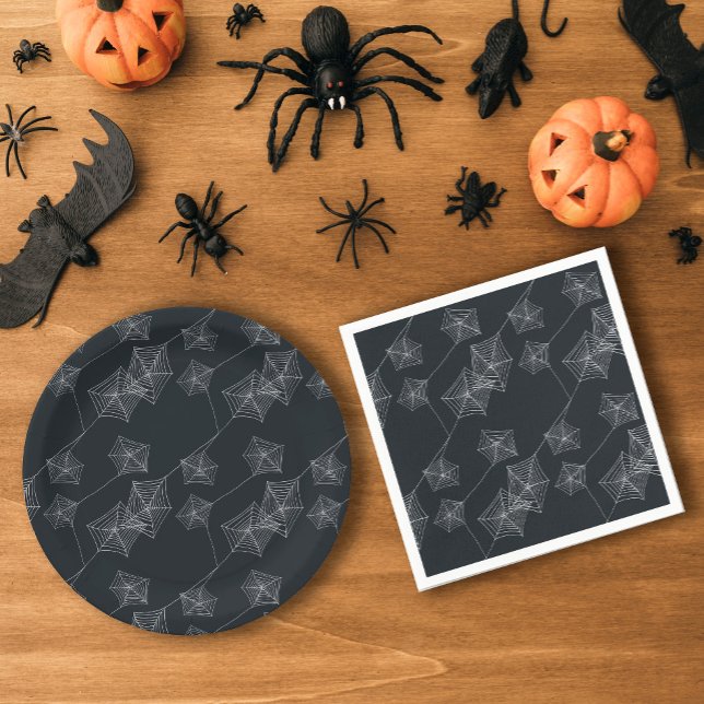 Prato De Papel Festa de Halloween na teia da aranha negra (Black spider web Halloween party Paper Plates)