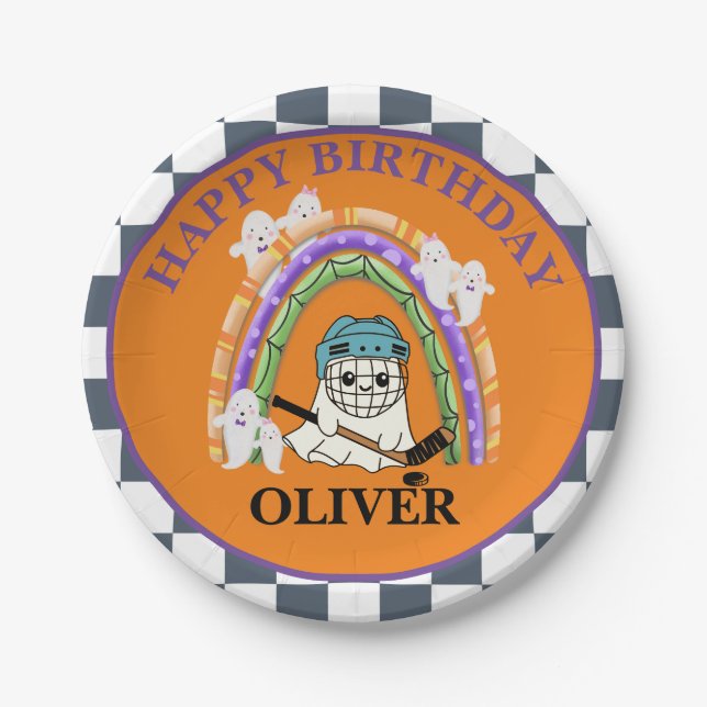 Prato De Papel Festa de Hóquei em Gelo Ghost Cute (Frente)