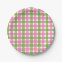 Prato De Papel Festa de Jardim de Verão Xadrez Gingham Rosa Verde