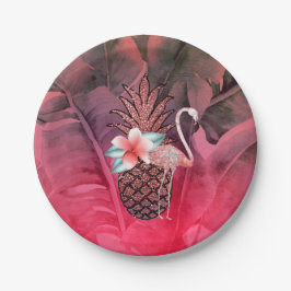 Prato De Papel Festa de Luau de Abacaxi com Brilho Tropical Rosa