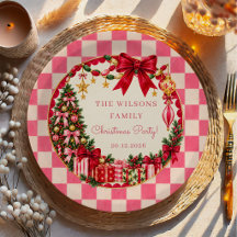Festa de Natal com Laço Xadrez Rosa Vintage
