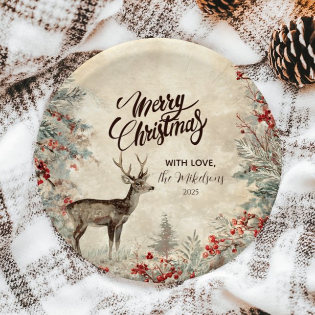Prato De Papel Festa de Natal com Veado Rústico e Pinheiro (Criador carregado)