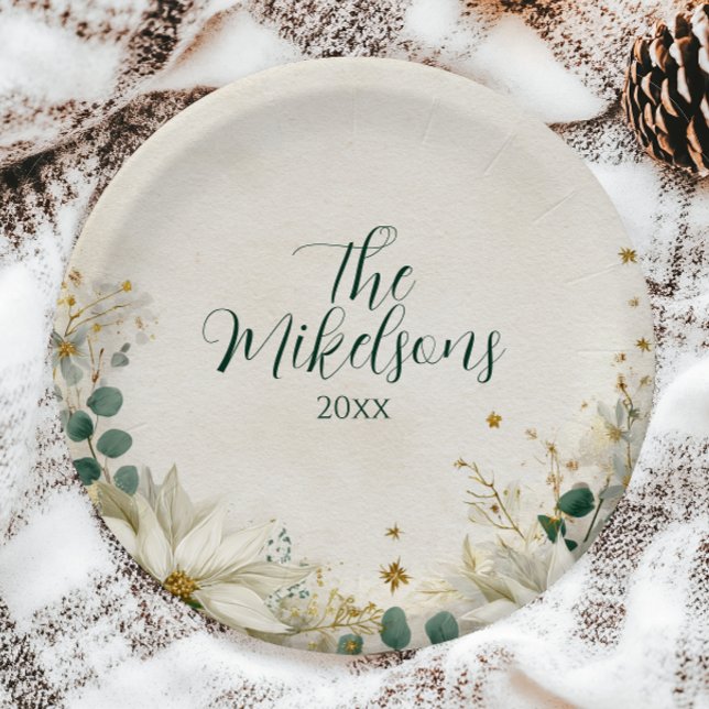 Prato De Papel Festa de Natal da Poinsettia Branca Elegante (Criador carregado)