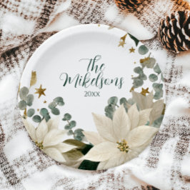 Prato De Papel Festa de Natal da Poinsettia Branca Elegante