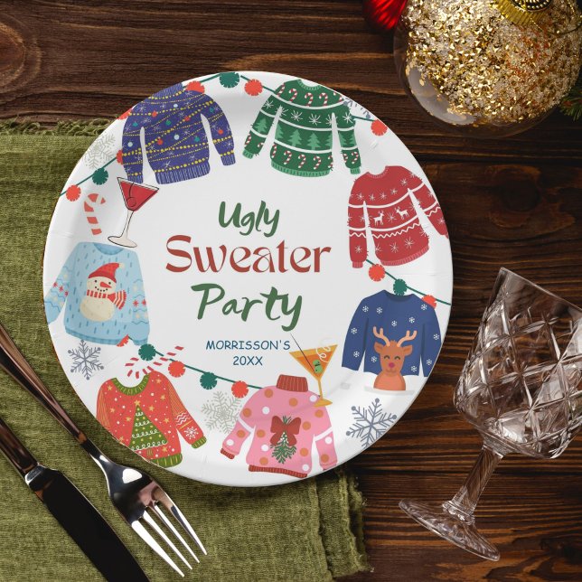Prato De Papel Festa de Natal de suéter feio (Ugly sweater Christmas party printed Paper Plates personalized Christmas table decor)