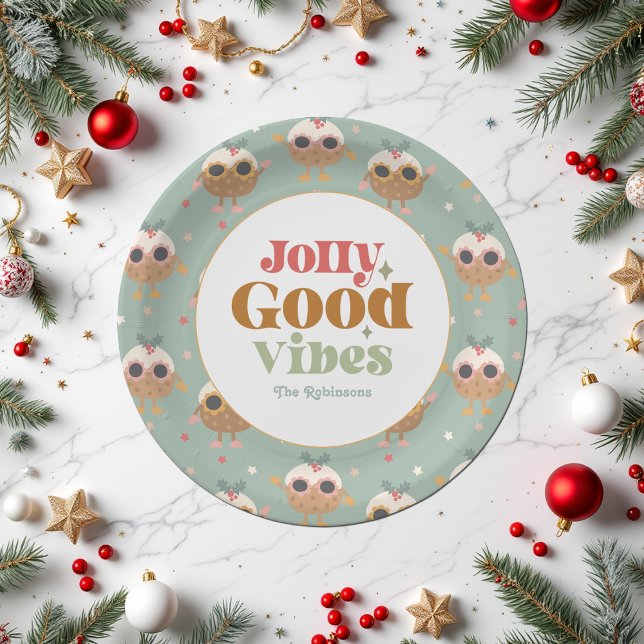 Prato De Papel Festa de Natal "Jolly Good Vibes" (Retro "Jolly Good Vibes" Christmas Party Paper Plates)