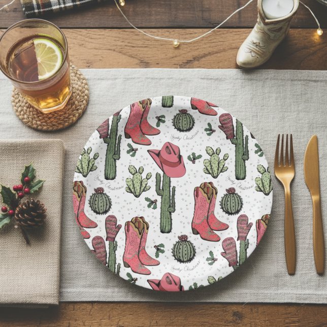 Prato De Papel Festa de Natal Ocidental Boots Howdy Natal (White Country Christmas Paper Plates Western Howdy Christmas Cowgirl Boots, Hat, Cacti Holly Berries)