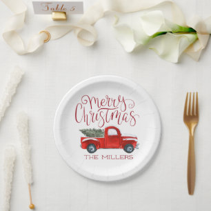 Prato De Papel Festa de Natal Personalizada com Caminhão Vermelho