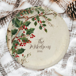 Prato De Papel Festa de Natal Rustic Holly Berry