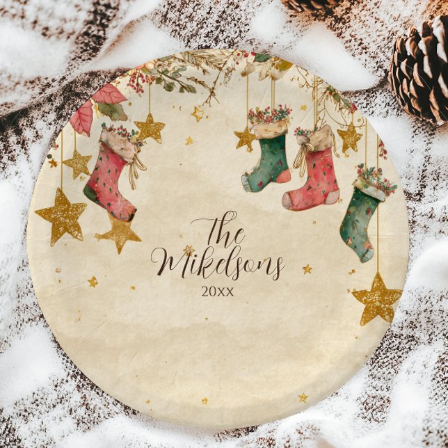 Prato De Papel Festa de Natal Rustic Stockand Poinsettias (Criador carregado)