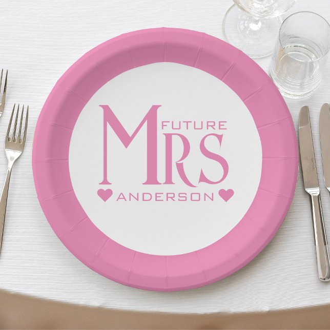 Prato De Papel Festa de Noivado da Futura Sra. Pink Future Bridal (pink and white future mrs wedding bridal shower paper plate)