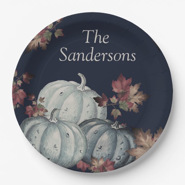 Prato De Papel Festa de outono Abóbora Azul, Feliz Ação de Graças (Frente)