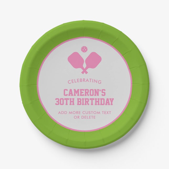 Prato De Papel Festa de Picleball Paddles Verdes Rosa Personaliza (Frente)