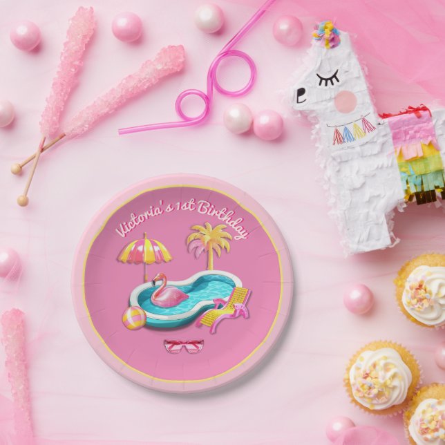 Prato De Papel Festa de Piscina de Aniversário do Retro Beach Dol (Festa)