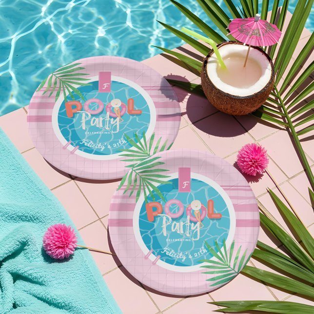 Prato De Papel Festa de Piscina de Aniversário Tropical Rosa e Az (Tropical Pink & Blue Summer Birthday Pool Party Paper Plates)