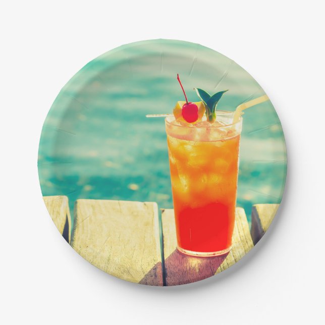 Prato De Papel Festa de piscina de verão divertida no cocktail (Frente)