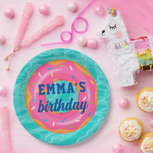 Prato De Papel Festa de Piscina dentro do tubo de Rosquinha rosa- (Festa)