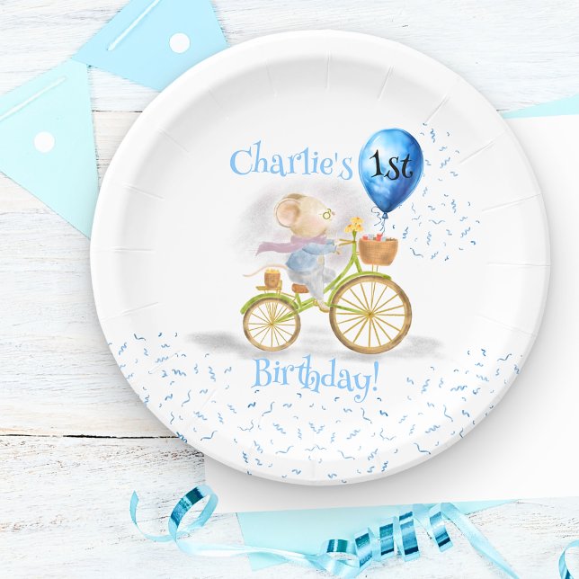 Prato De Papel Festa de primeiro aniversario Bicicleta de Rato Co (Cute Mouse Animal Riding Vintage Bicycle & 1st Birthday Party Balloon, Boy Invitation party plates)