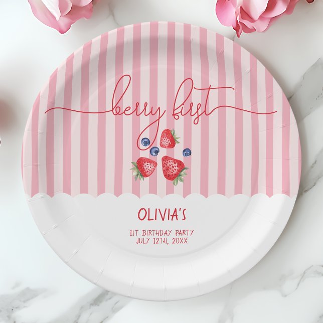 Prato De Papel Festa de primeiro aniversario da Berry First Straw (Berry First Strawberry Red Girl 1st Birthday Party Paper Plates)