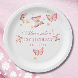 Prato De Papel Festa de primeiro aniversario da Borboleta Rosa